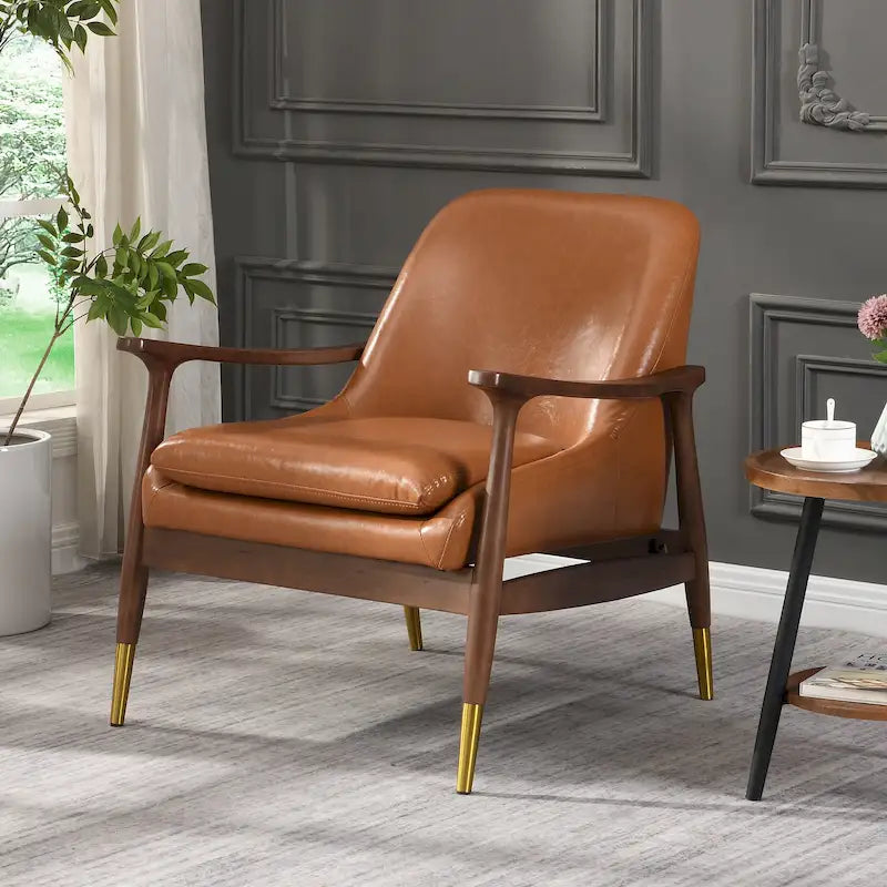 29.2 Mid-Century Faux Leather Accent Chair with Cushioned Seat, Solid Wood Frame, and Brass-Tipped Legs