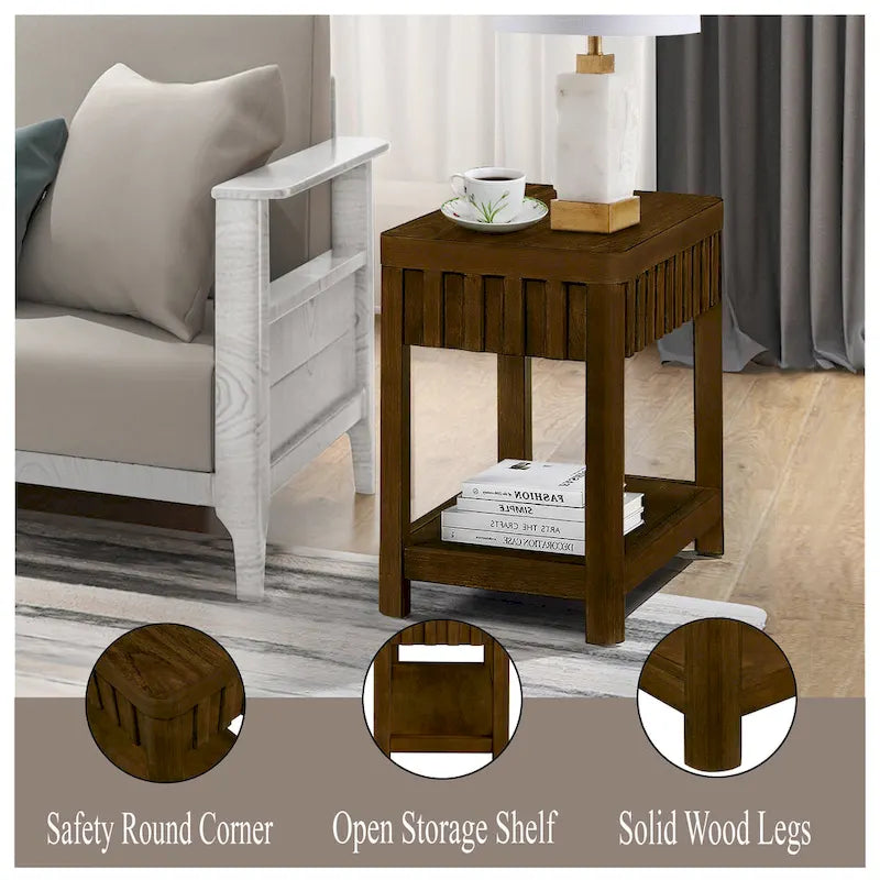 25 Rectangular Farmhouse End Table with Storage Shelf, Sofa Side Table with Solid Wood Legs for Living Room, Bedroom, Office