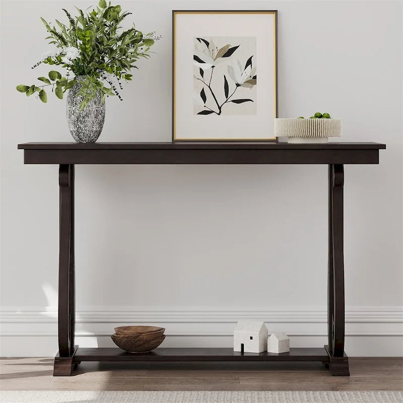 Console Table with Curved Legs and Open Shelf - Acacia Brown