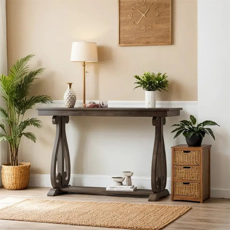 Console Table with Curved Legs and Open Shelf - Acacia Brown