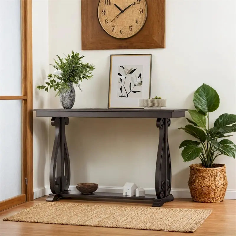 Console Table with Curved Legs and Open Shelf - Acacia Brown