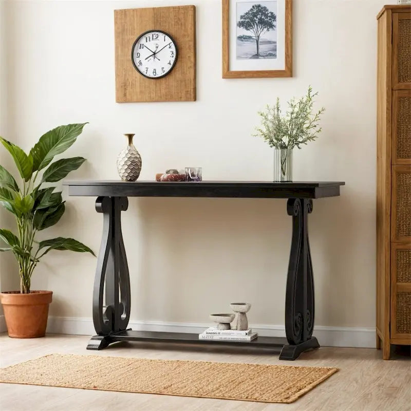 Console Table with Curved Legs and Open Shelf - Acacia Brown