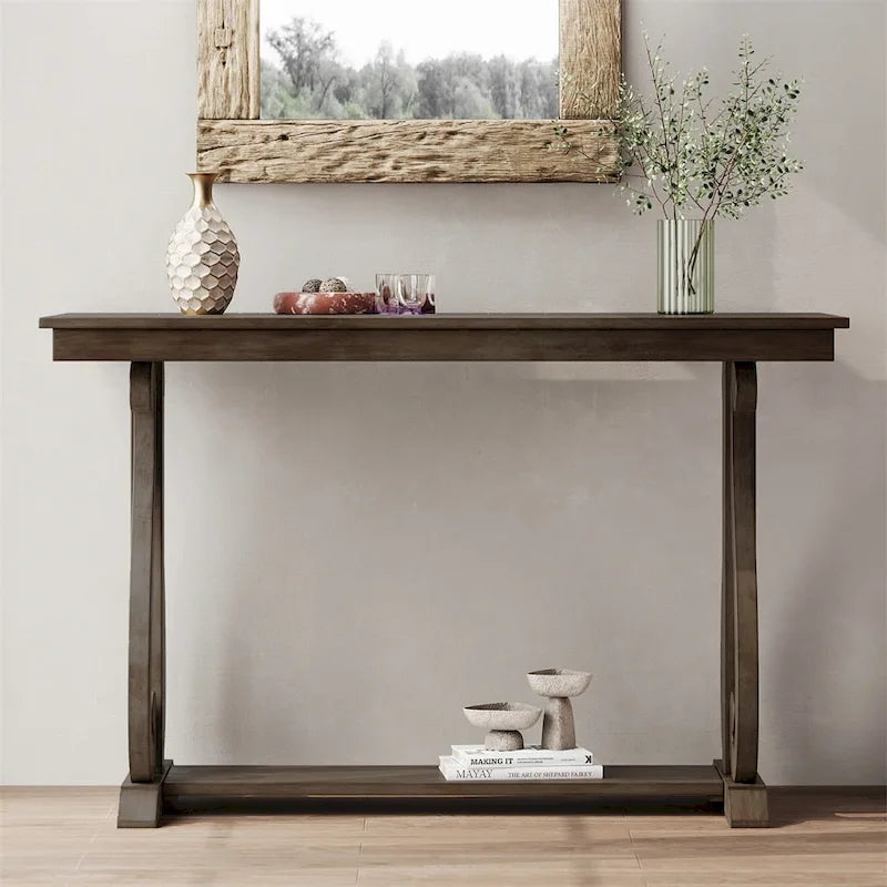 Console Table with Curved Legs and Open Shelf - Acacia Brown