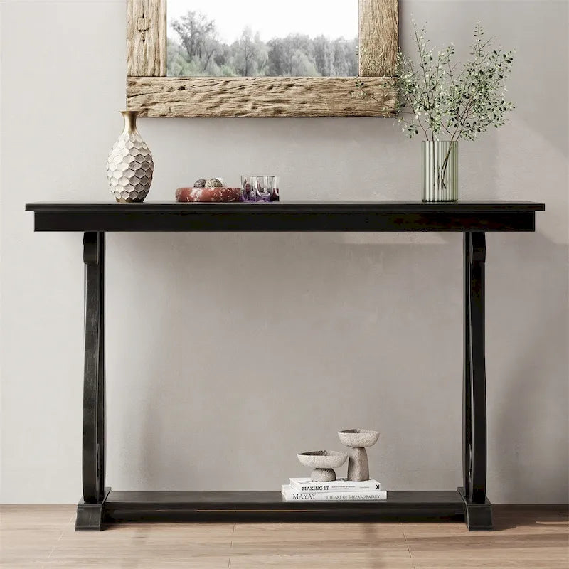 Console Table with Curved Legs and Open Shelf - Acacia Brown