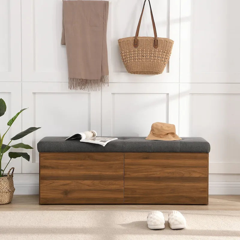 49 Entryway Shoe Storage Bench with Double Doors & Padded Cushion,Space-Saving Ottoman