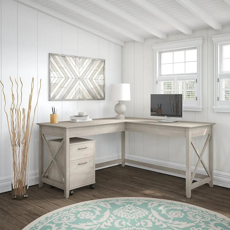 Key West 60W L Shaped Desk with Mobile File Cabinet by Bush Furniture