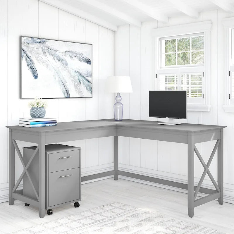 Key West 60W L Shaped Desk with Mobile File Cabinet by Bush Furniture