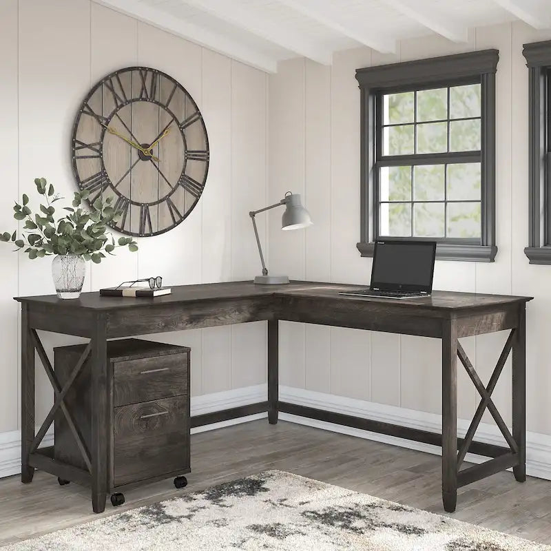 Key West 60W L Shaped Desk with Mobile File Cabinet by Bush Furniture
