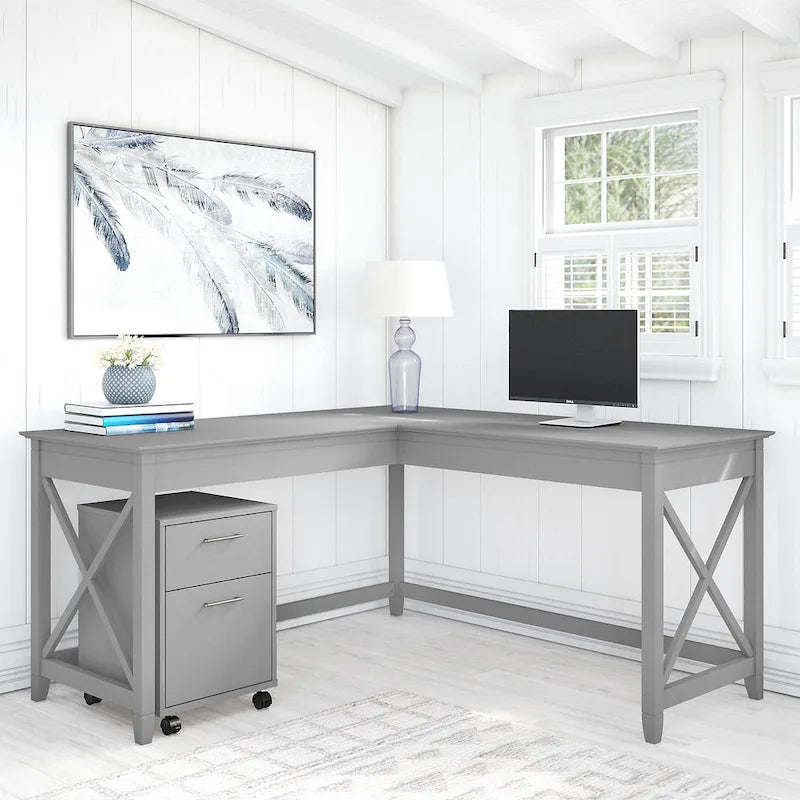 Key West 60W L Shaped Desk with Mobile File Cabinet by Bush Furniture