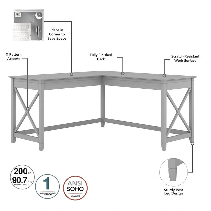 Key West 60W L Shaped Desk with Mobile File Cabinet by Bush Furniture