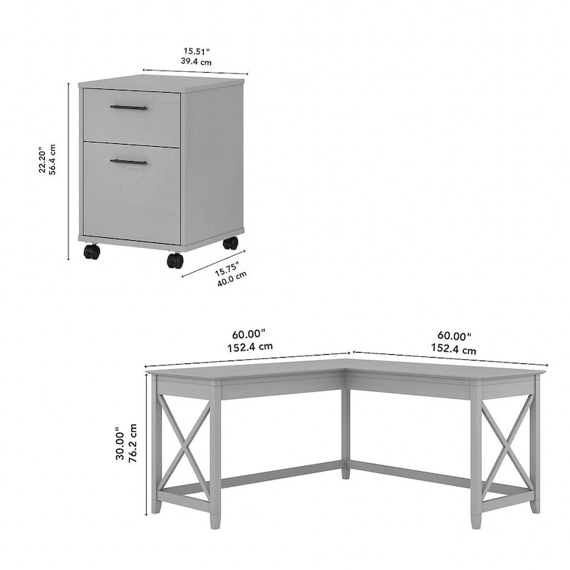 Key West 60W L Shaped Desk with Mobile File Cabinet by Bush Furniture