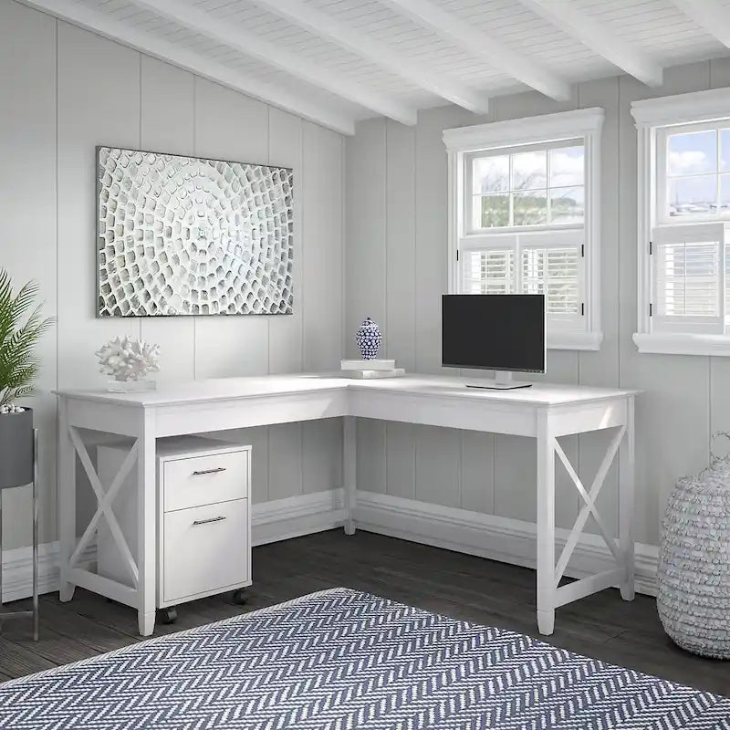 Key West 60W L Shaped Desk with Mobile File Cabinet by Bush Furniture