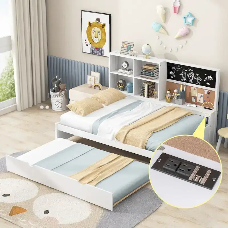 Full Pine Daybed with Blackboard, USB & Trundle