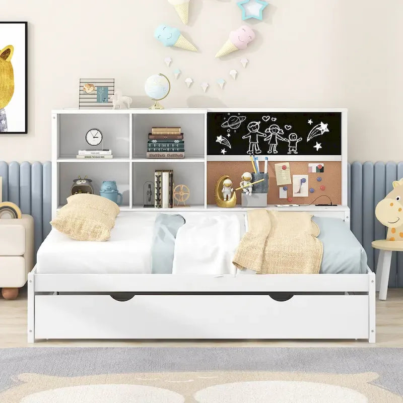 White Full Size Daybed with Trundle and Storage Shelves