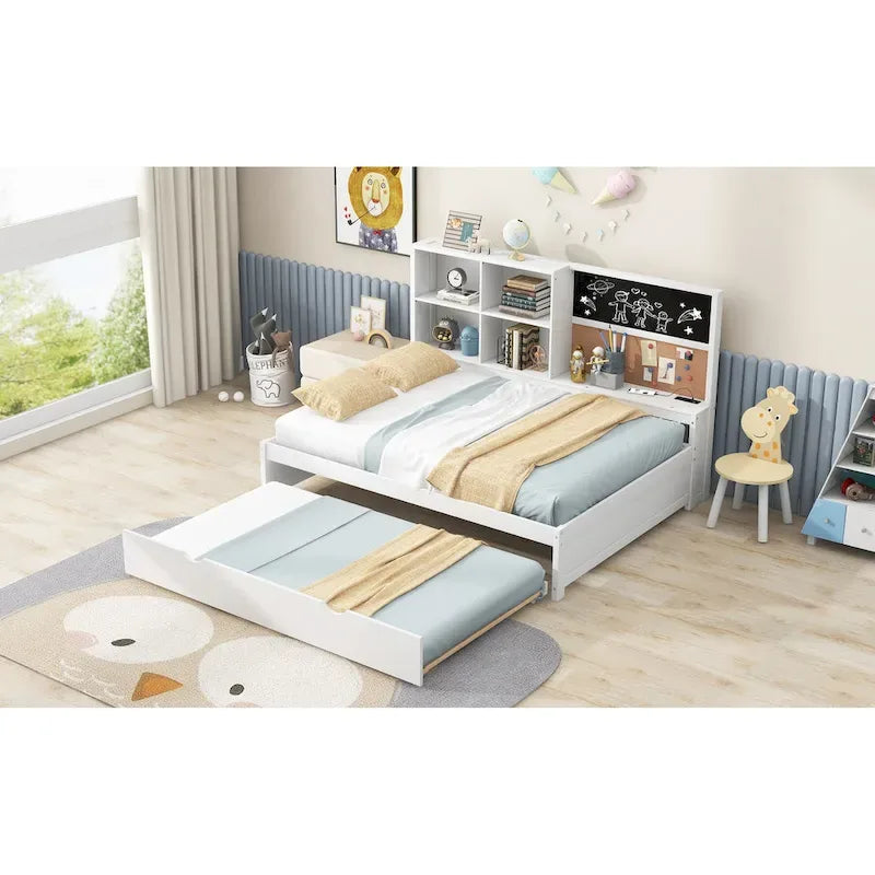 White Full Size Daybed with Trundle and Storage Shelves