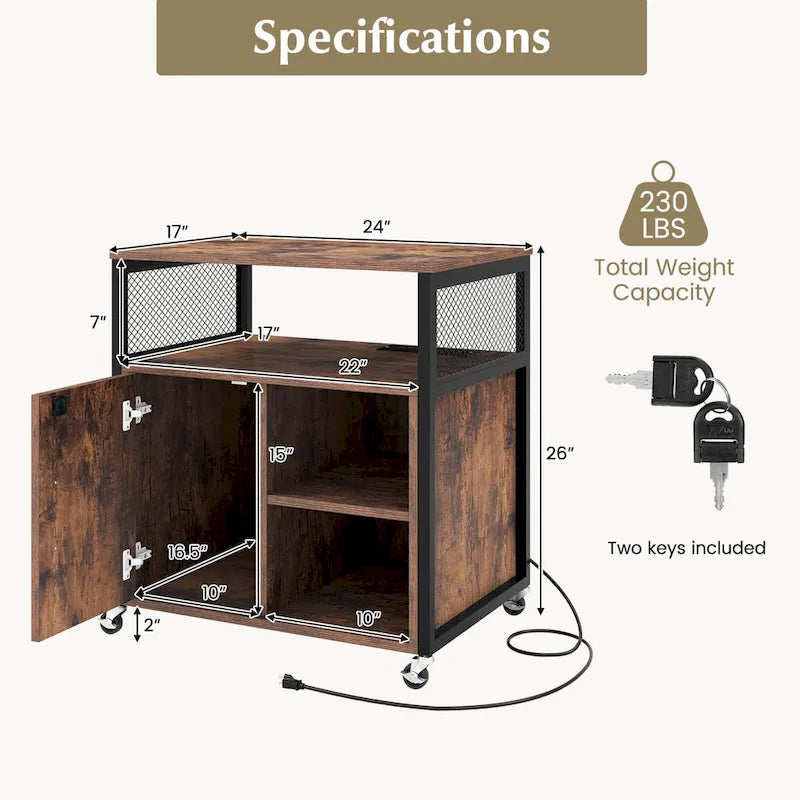 Costway File Cabinet on Wheels with Charging Station & Cable - See Details