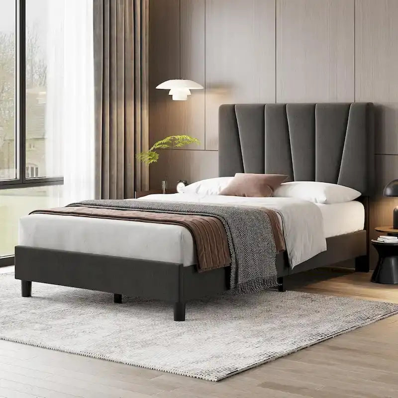 Linen Upholstered Platform Bed Frame with Strong Wooden Slats