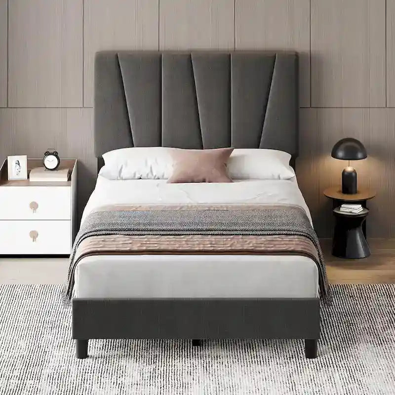 Linen Upholstered Platform Bed Frame with Strong Wooden Slats