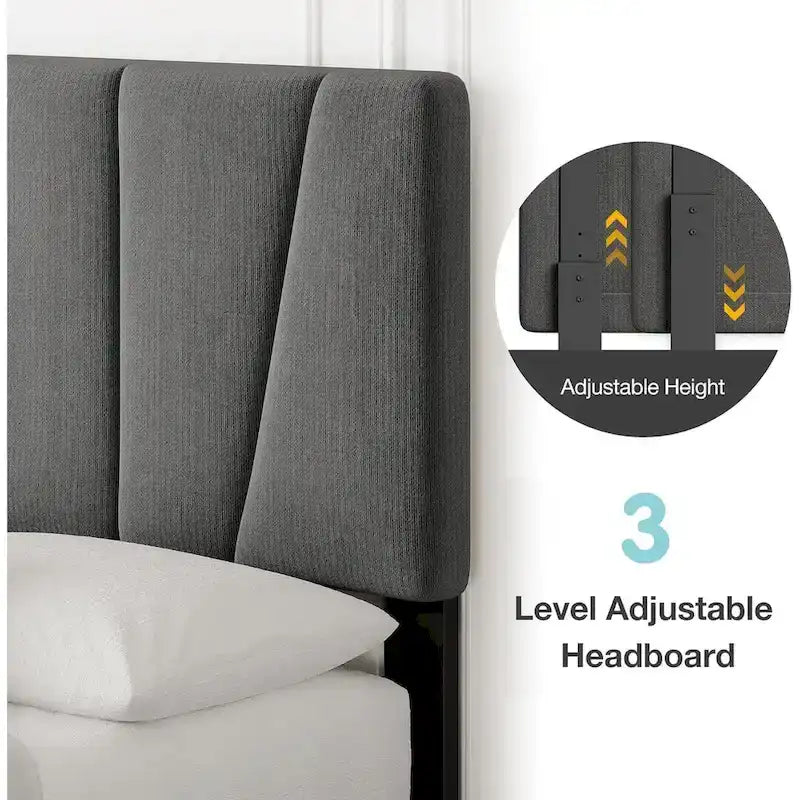 Linen Upholstered Platform Bed Frame with Strong Wooden Slats