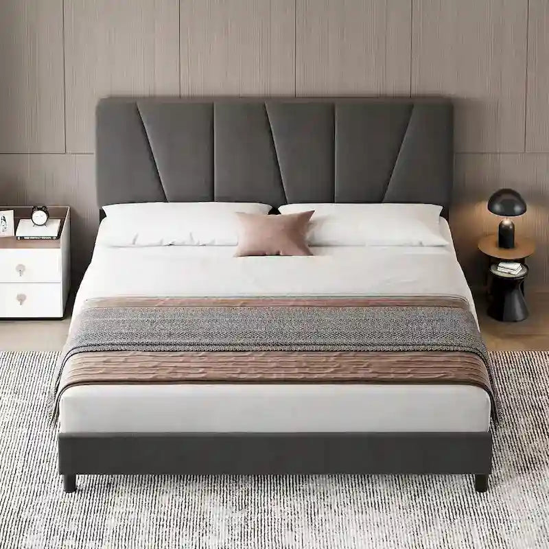 Linen Upholstered Platform Bed Frame with Strong Wooden Slats