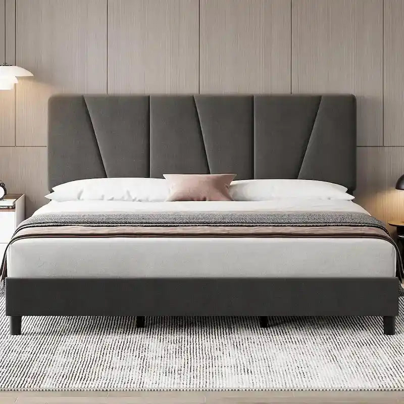 Linen Upholstered Platform Bed Frame with Strong Wooden Slats