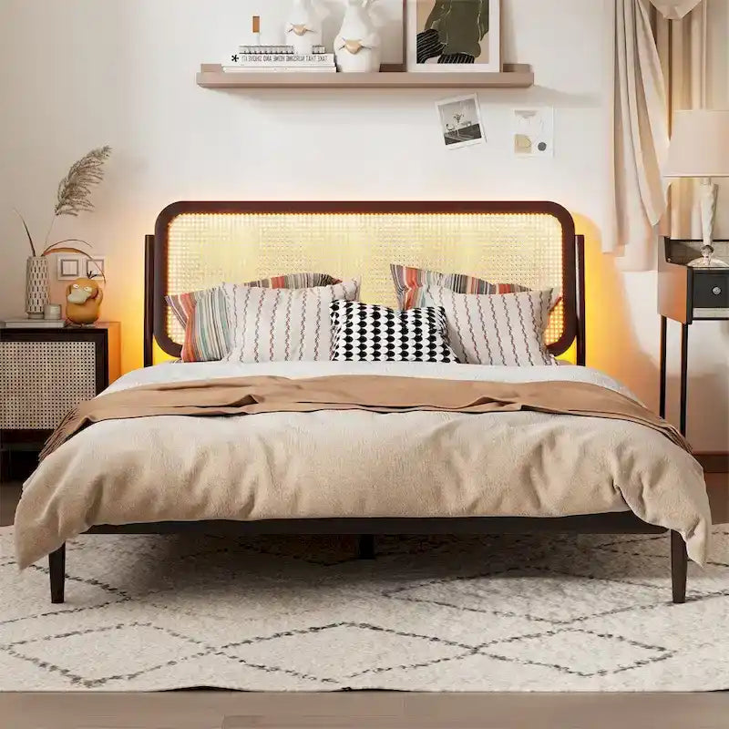 Natural Wood Platform Bed with LED Rattan Headboard - Queen Size