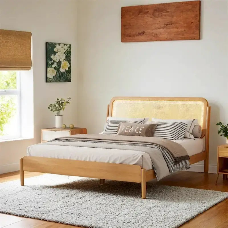 Queen Size Wood Storage Platform Bed with LED Light,Rattan Headboard