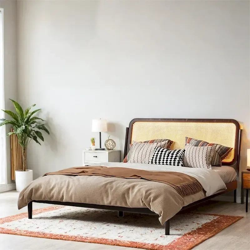 Natural Wood Platform Bed with LED Rattan Headboard - Queen Size