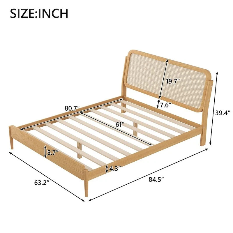 Natural Wood Platform Bed with LED Rattan Headboard - Queen Size