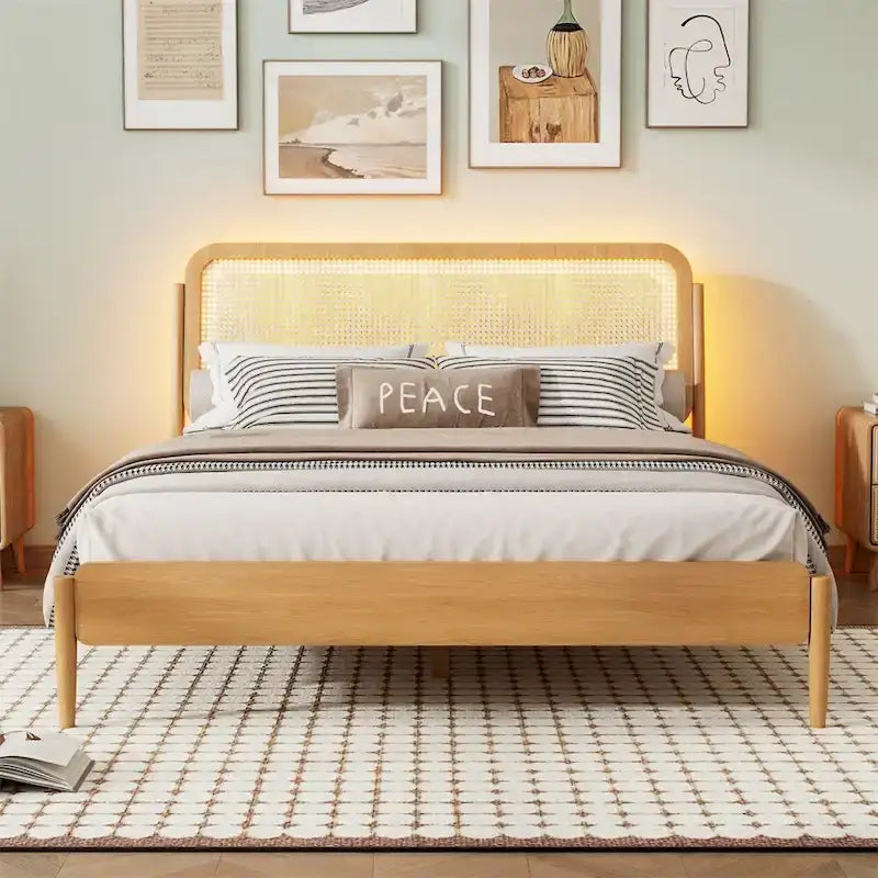 Natural Wood Platform Bed with LED Rattan Headboard - Queen Size