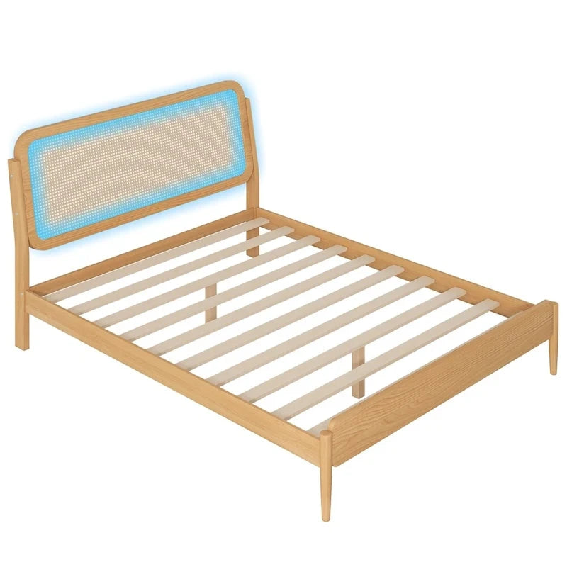Natural Wood Platform Bed with LED Rattan Headboard - Queen Size