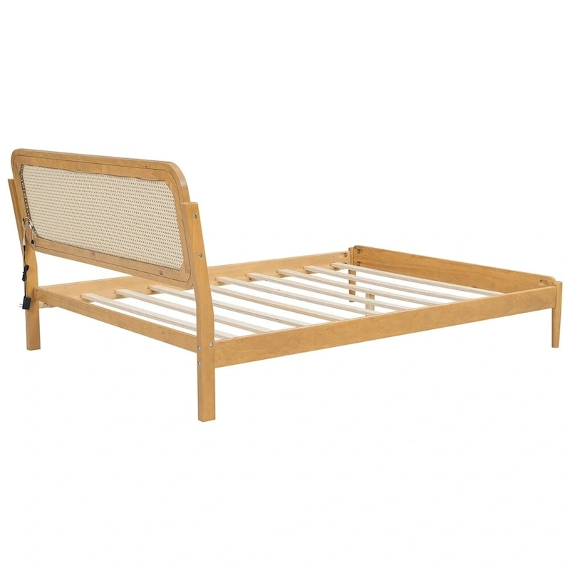 Natural Wood Platform Bed with LED Rattan Headboard - Queen Size