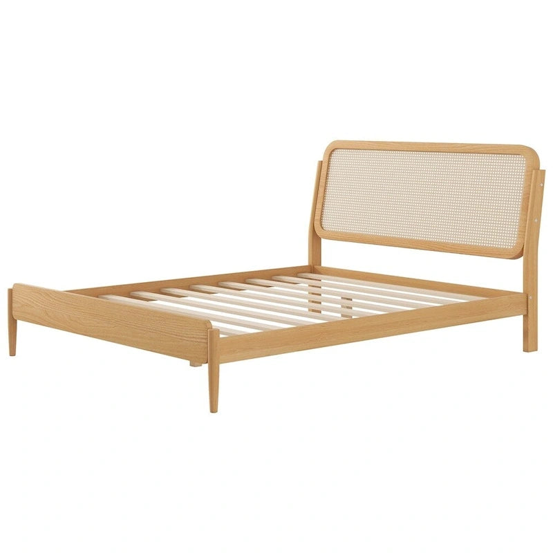 Natural Wood Platform Bed with LED Rattan Headboard - Queen Size