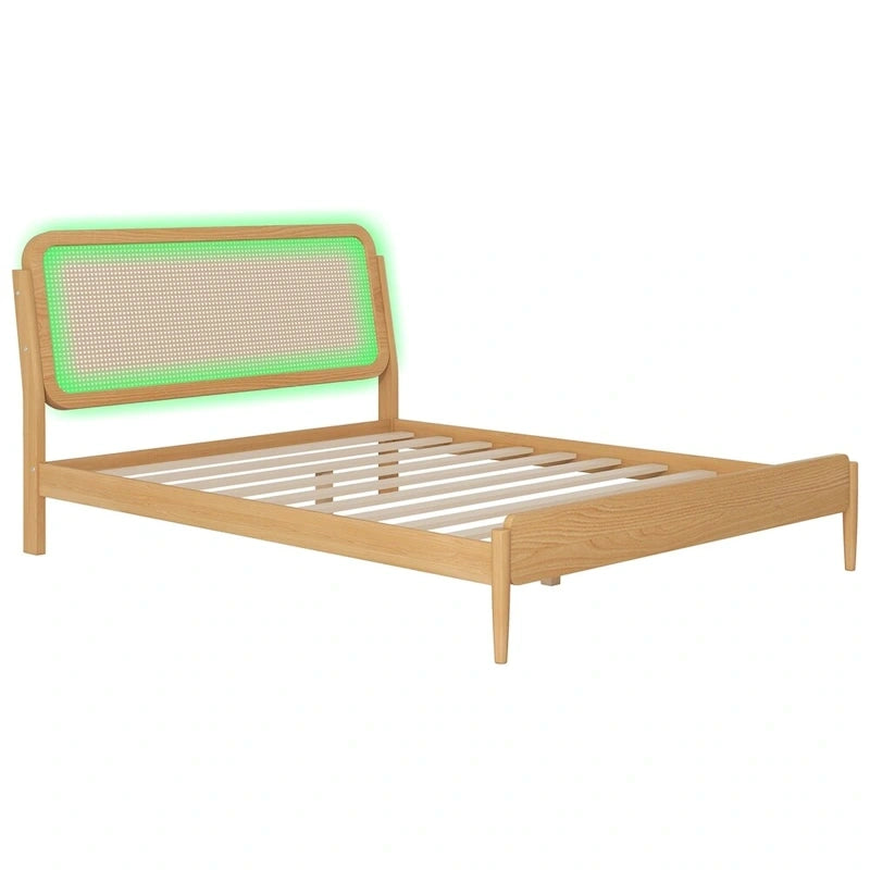 Natural Wood Platform Bed with LED Rattan Headboard - Queen Size