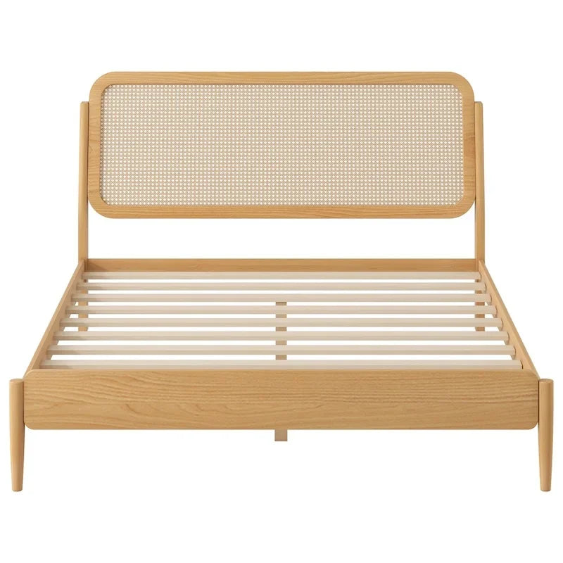 Natural Wood Platform Bed with LED Rattan Headboard - Queen Size