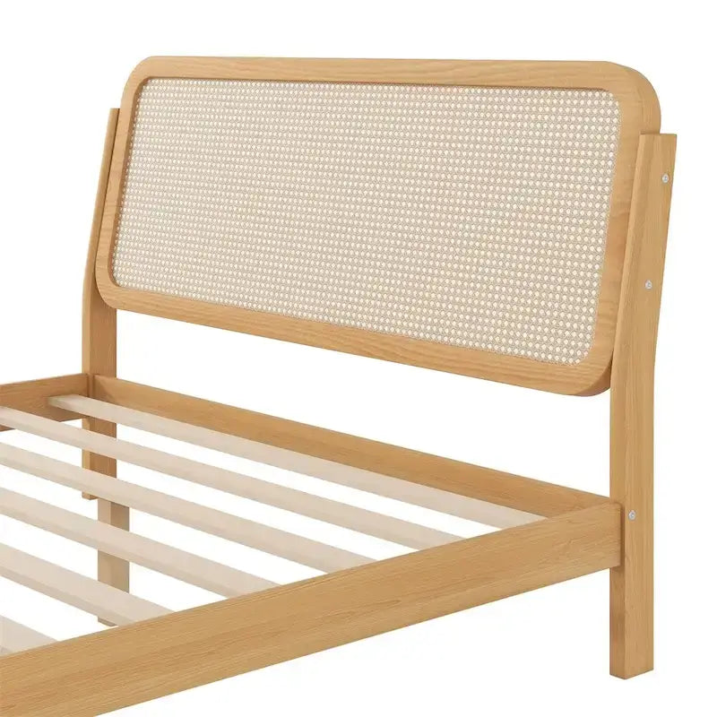 Natural Wood Platform Bed with LED Rattan Headboard - Queen Size