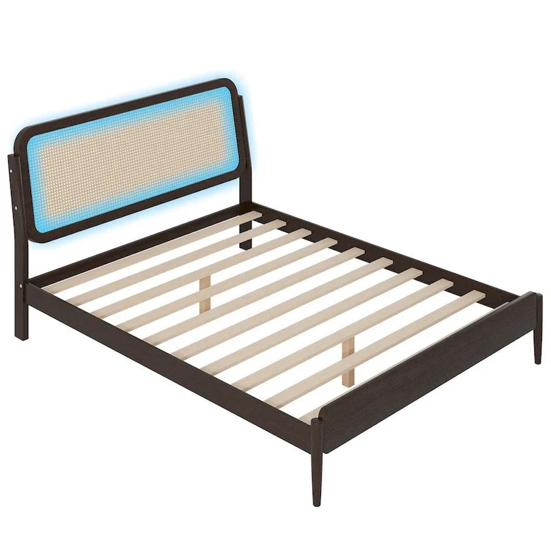 Natural Wood Platform Bed with LED Rattan Headboard - Queen Size