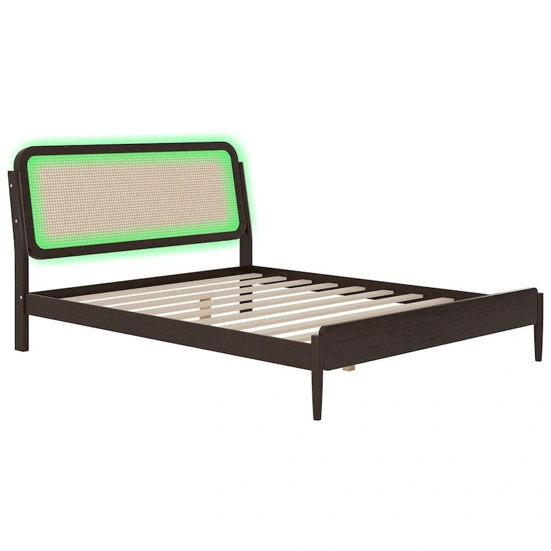 Natural Wood Platform Bed with LED Rattan Headboard - Queen Size