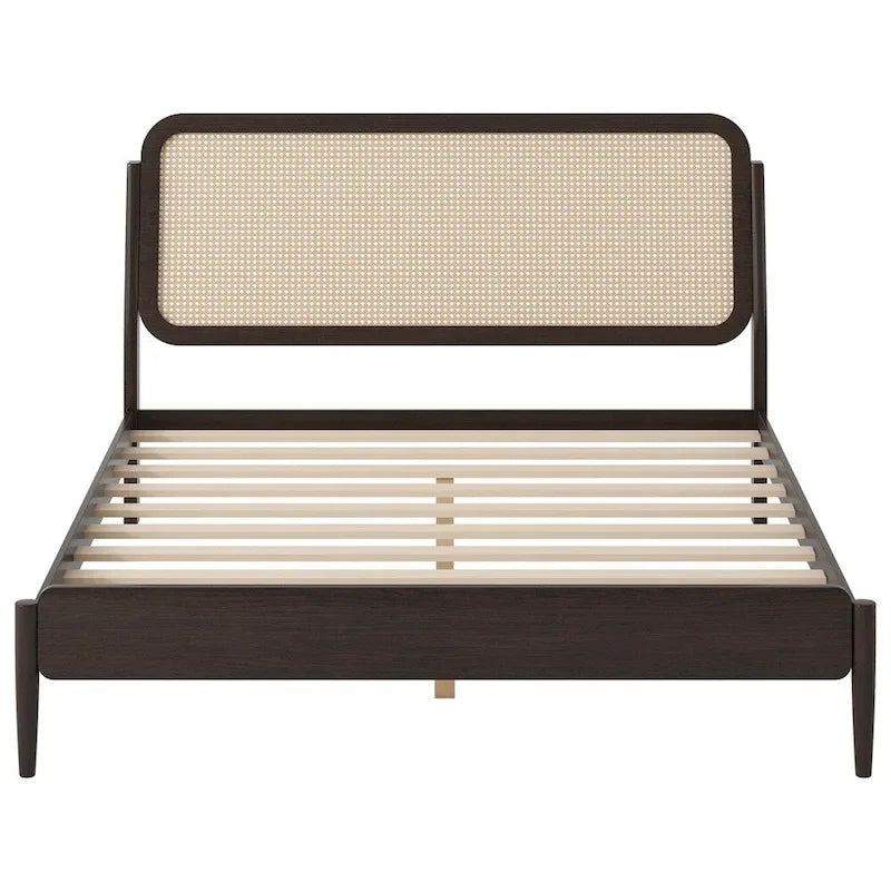 Natural Wood Platform Bed with LED Rattan Headboard - Queen Size