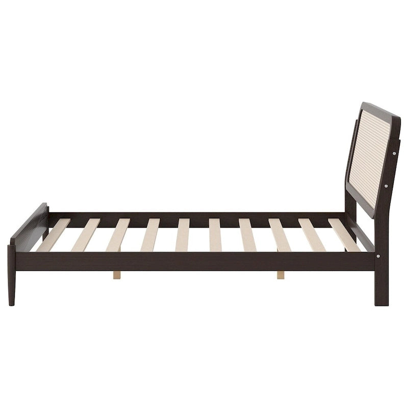 Natural Wood Platform Bed with LED Rattan Headboard - Queen Size
