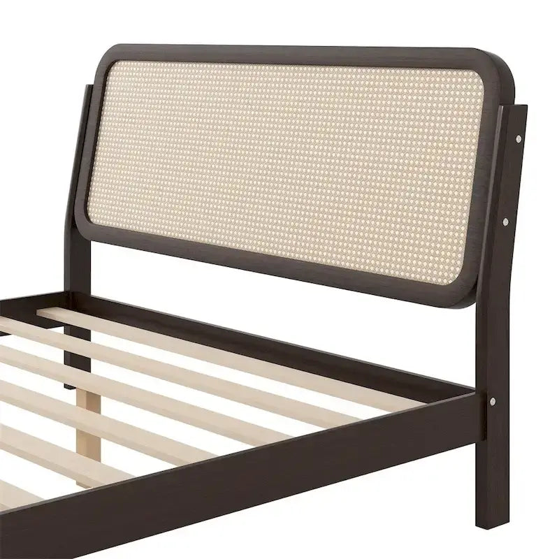 Natural Wood Platform Bed with LED Rattan Headboard - Queen Size