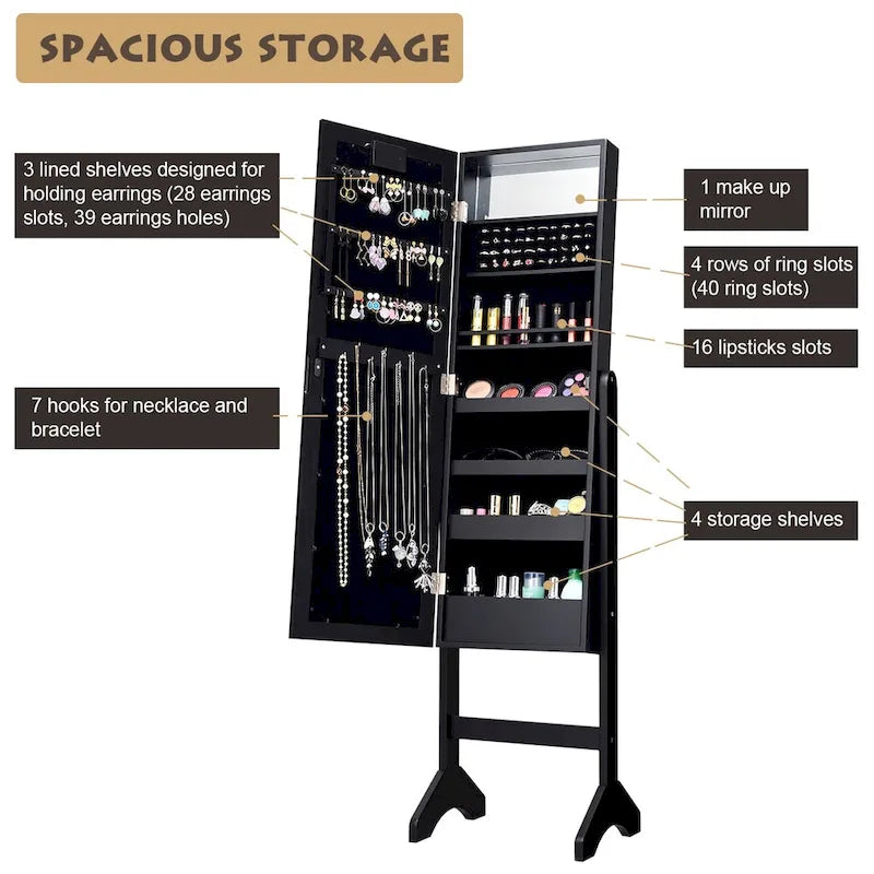 Costway Mirrored Jewelry Cabinet Organizer w/18 LED lights Black