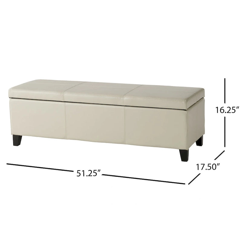 Elias Storage Ottoman Bench, Detailed Ivory Faux Leather, 51 Inch