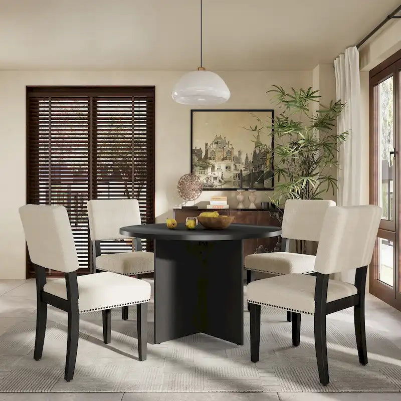 4 People Round Dining Table Set, 5 Piece Kitchen Table Set with Round Dining Table and 4 Upholstered Dining Chairs