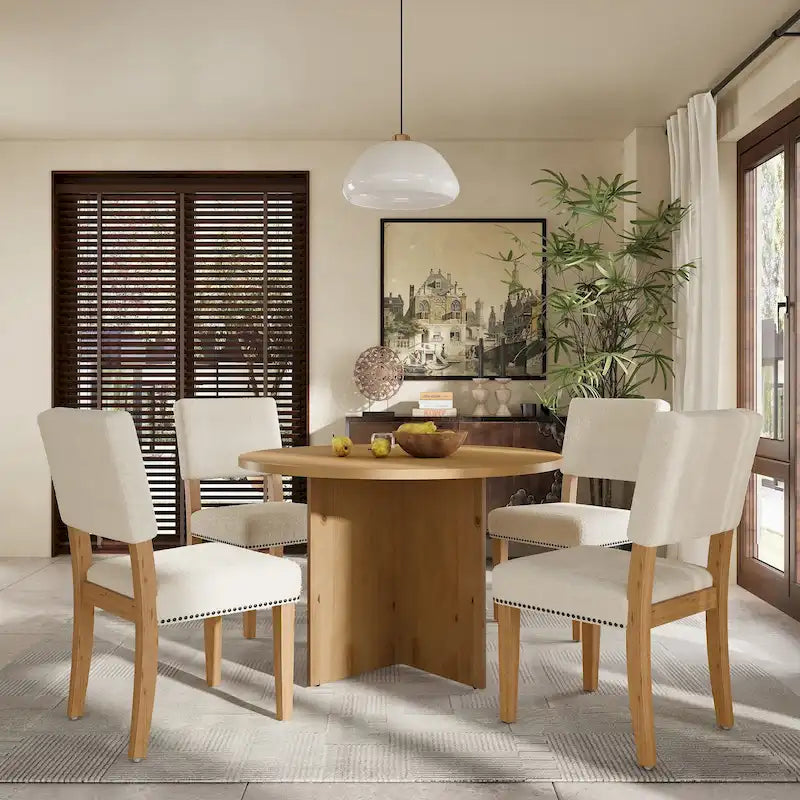 4 People Round Dining Table Set, 5 Piece Kitchen Table Set with Round Dining Table and 4 Upholstered Dining Chairs
