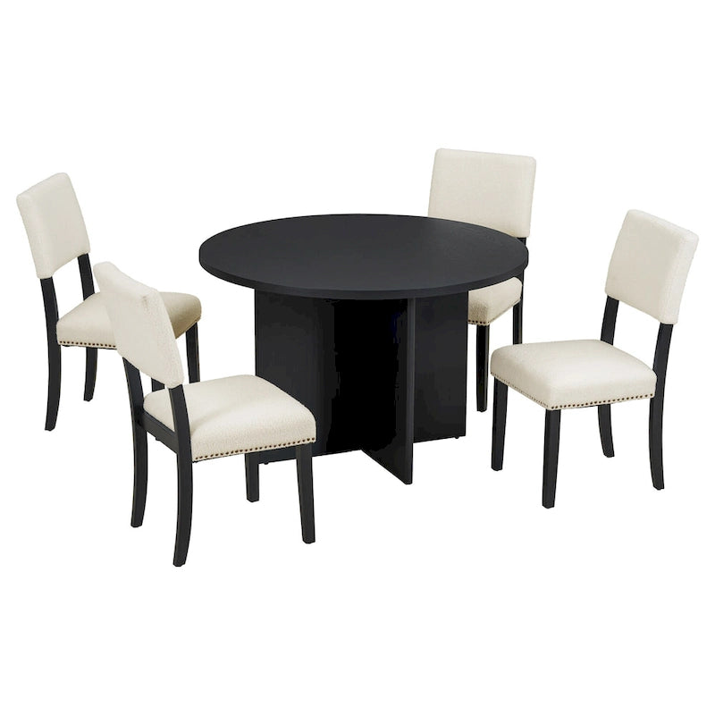 4 People Round Dining Table Set, 5 Piece Kitchen Table Set with Round Dining Table and 4 Upholstered Dining Chairs