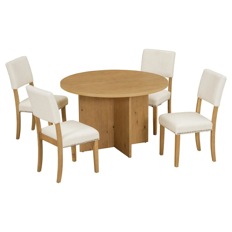 4 People Round Dining Table Set, 5 Piece Kitchen Table Set with Round Dining Table and 4 Upholstered Dining Chairs