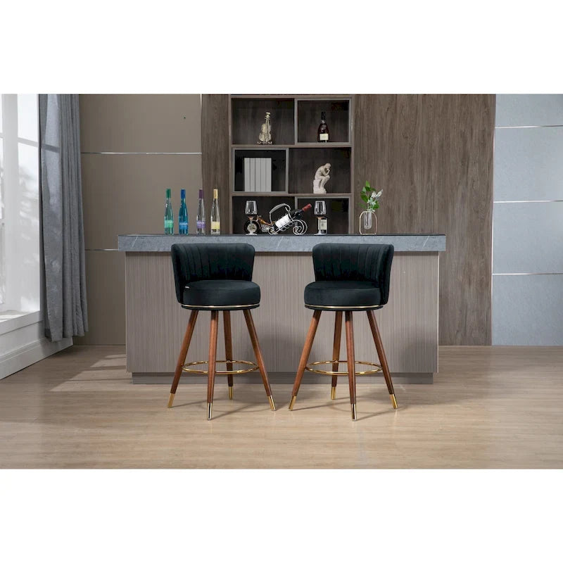 Bar Stools Set of 2, Swivel Barstools with Wood Legs and Footrest, Upholstered Kitchen Stool Island with Backs
