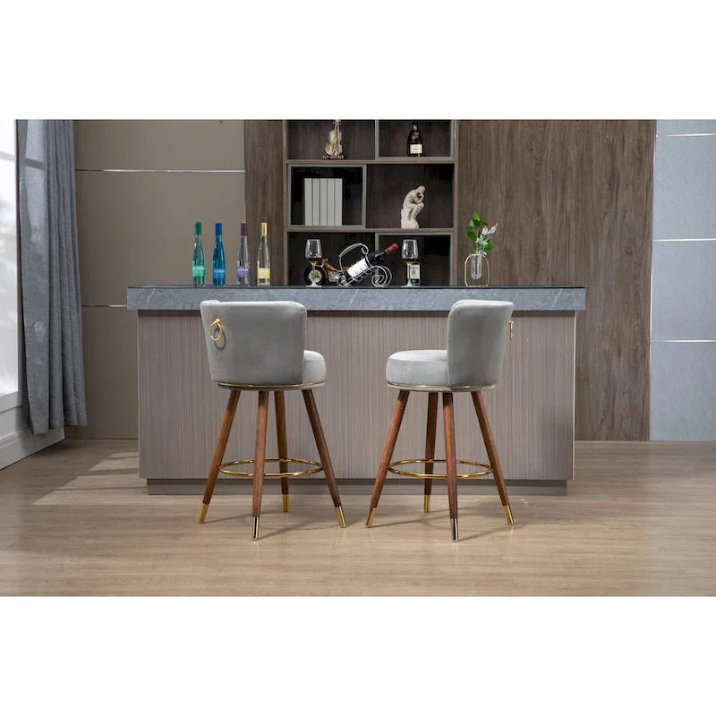 Bar Stools Set of 2, Swivel Barstools with Wood Legs and Footrest, Upholstered Kitchen Stool Island with Backs