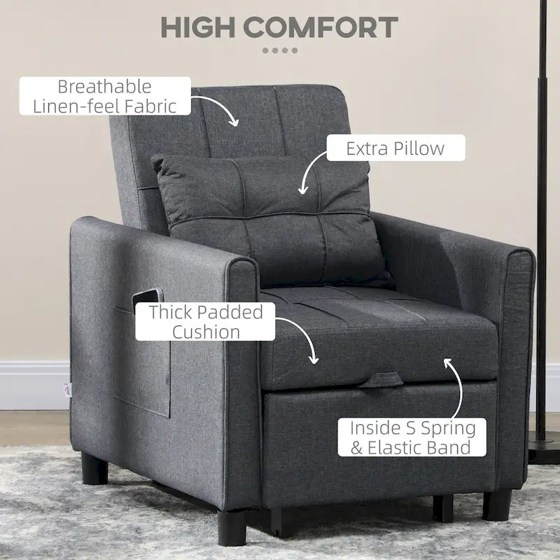 Dark Grey Polyester Single Convertible Sofa Bed with Adjustable Back